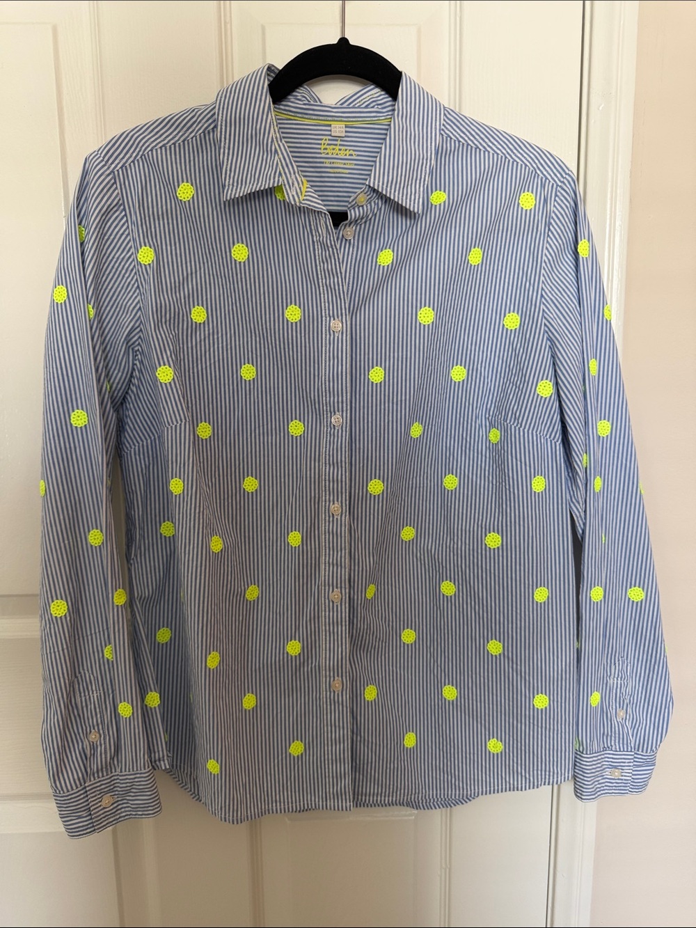 Boden Women’s Blue Striped Button-Down Shirt with Neon Yellow Dot Sequin Pattern